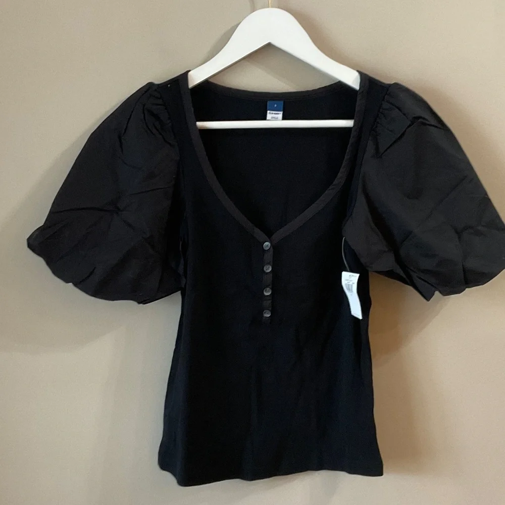 Old Navy Black Puff Sleeve Henley Top
